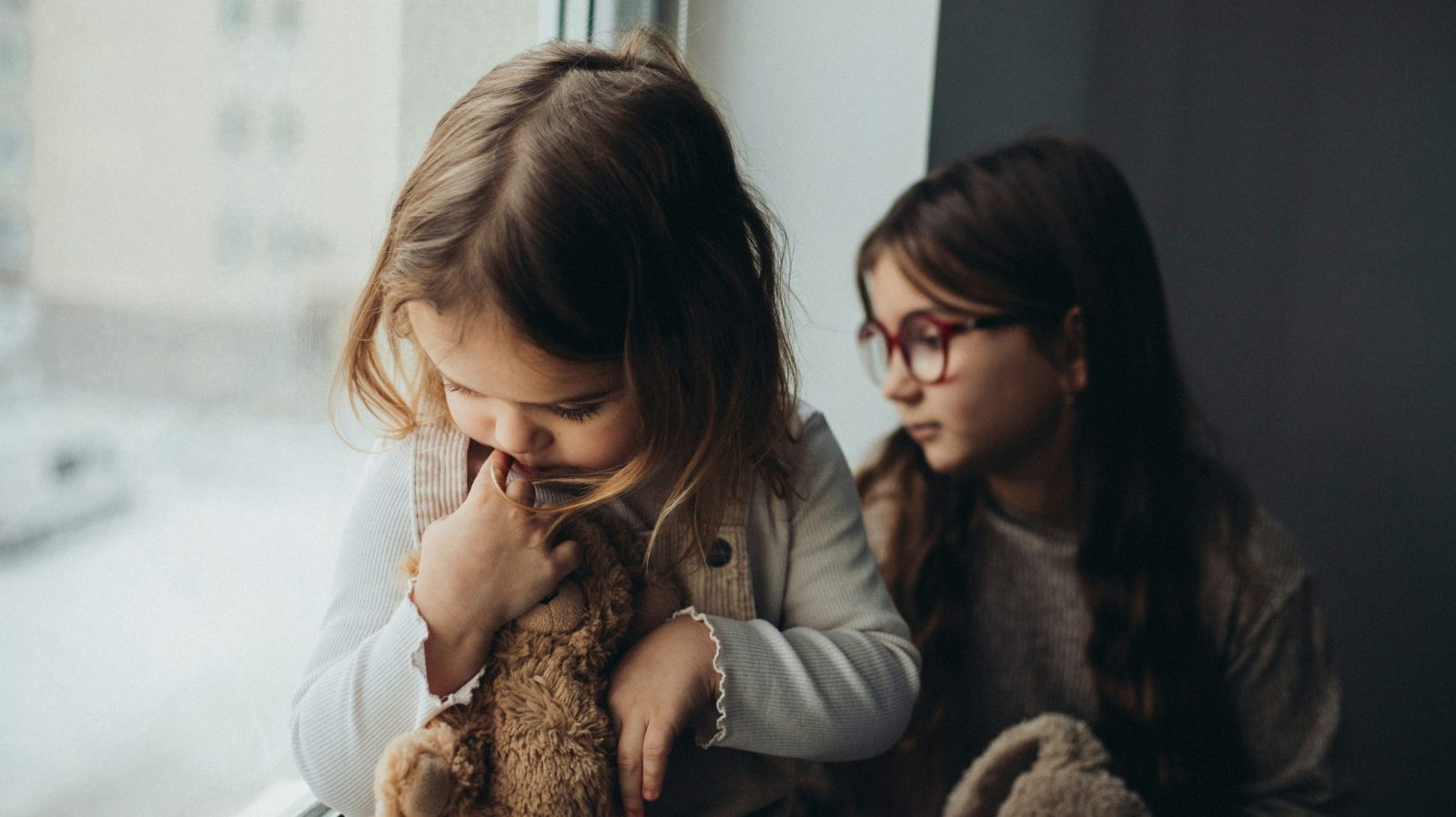 deux petites filles à la fenêtre avec leur doudous qui semblent être triste