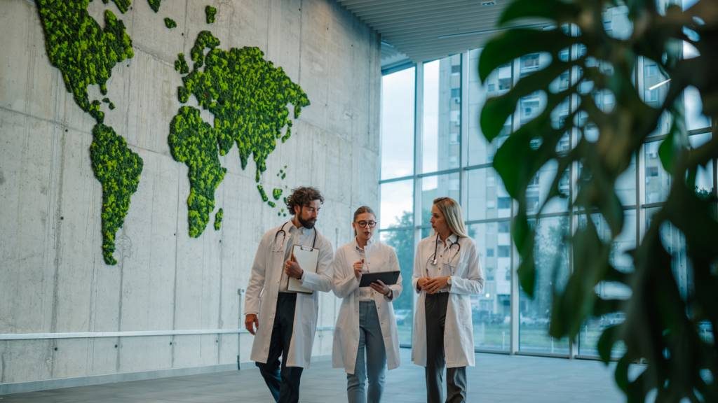 trois personnes en blouse blanche qui échange et lisent des documents. en fond une carte du monde végétale